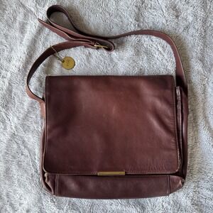 Nine West Brown Leather Crossbody Messenger Bag Organizer Flap Over Purse